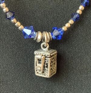 Sterling Silver Prayer Box Pendant Necklace With Blue & White Crystals 16.5"